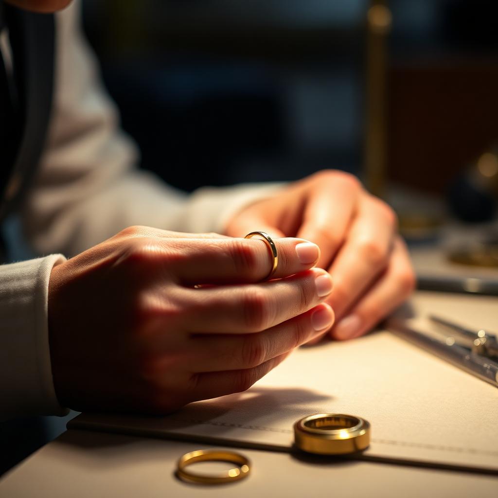 A jeweler's hands finishing a handmade gold ring at the MAISON IN atelier bench in Antwerp