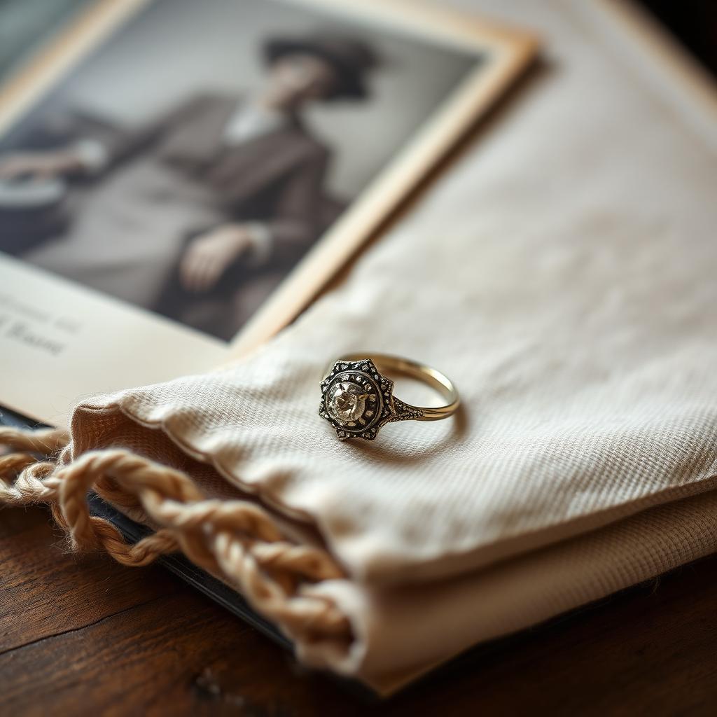 An antique inherited engagement ring resting on linen beside a vintage family photograph, ready to be reset by MAISON IN
