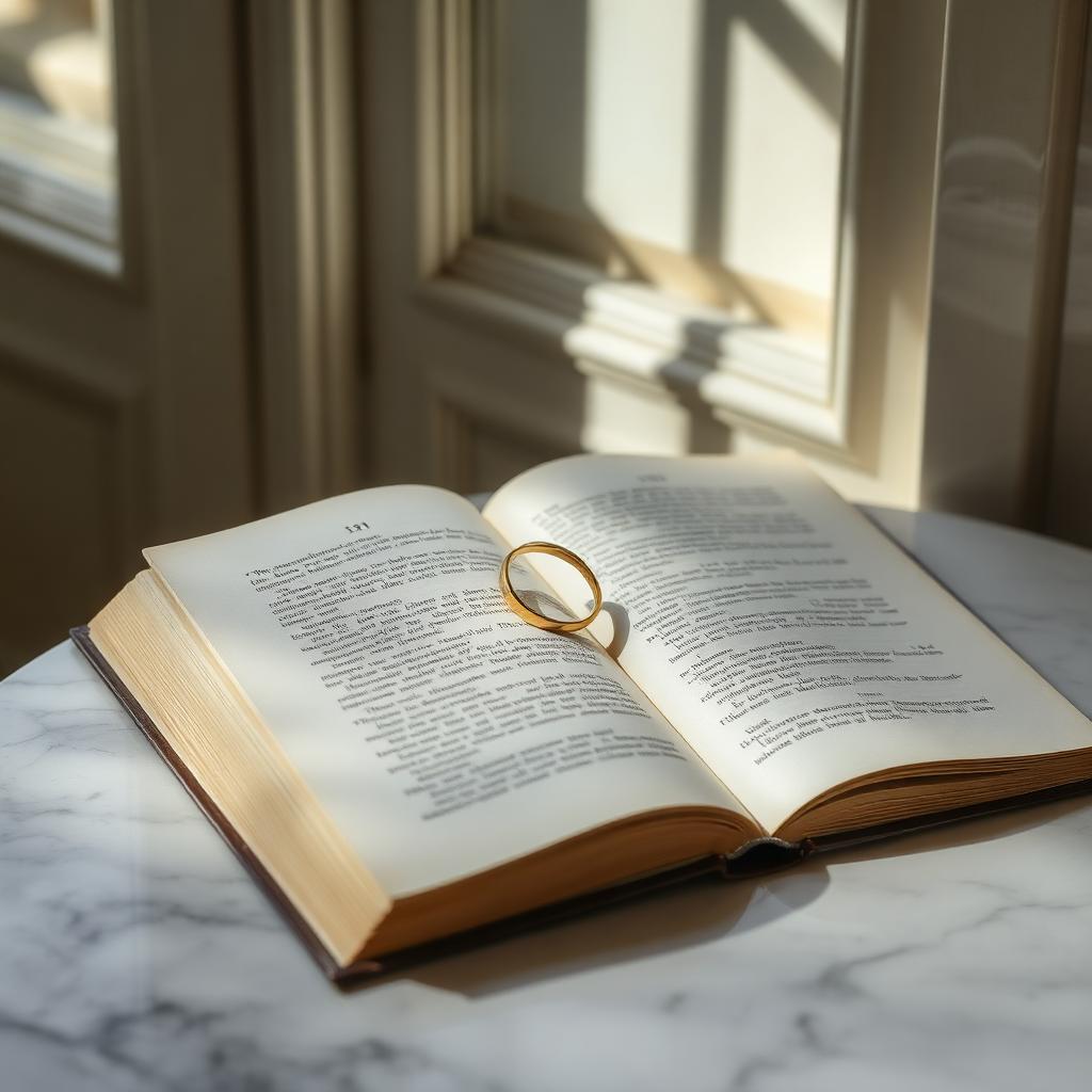 A handmade gold wedding band resting on an open book in morning light, a symbol of quiet, lasting luxury